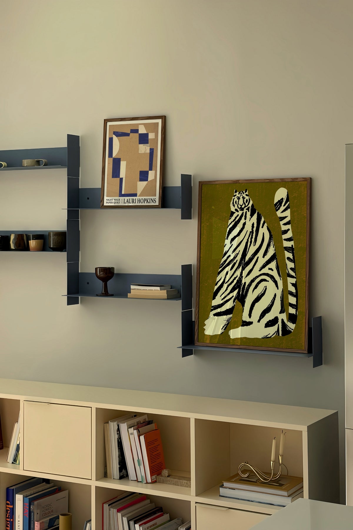 Bold colours on a blue shelf