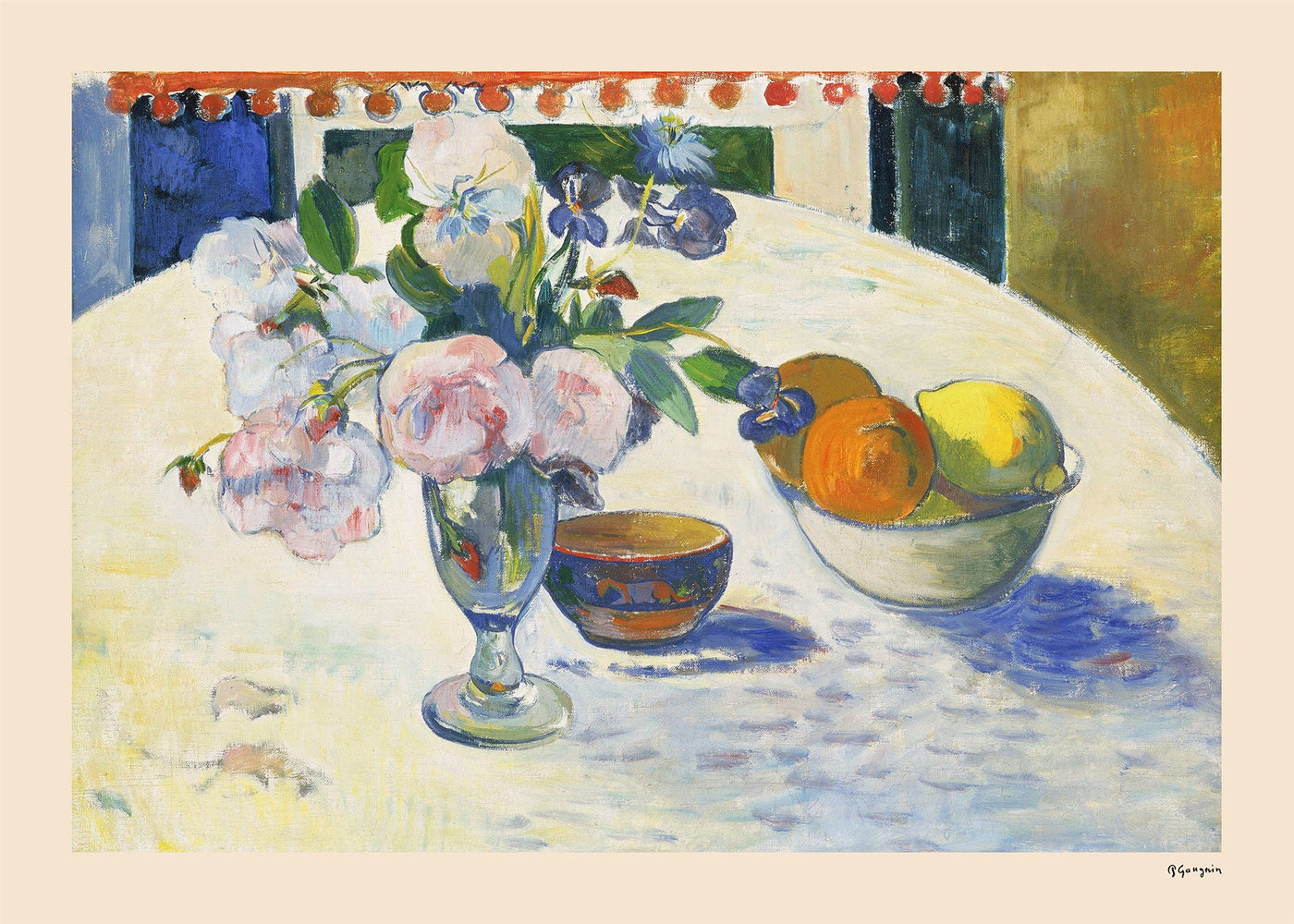 Flowers and a Bowl of Fruit on a Table