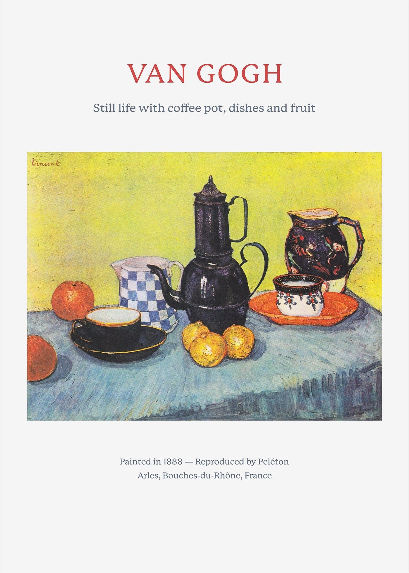 Still life with coffee pot, dishes and fruit